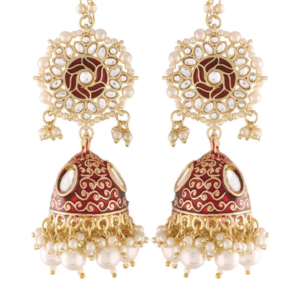 Etnico 18K Gold Plated Alloy Intricately Designed Traditional with Detachable Hair Chain Encased with Kundans and Pearls Jhumka Earrings For Women (E2906M)