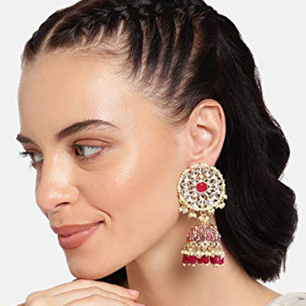 Etnico 18K Gold Plated Intricately Designed Traditional with Detachable Hair Chain Encased With Kundans & Pearls Jumka Earrings For Women (E2910M)