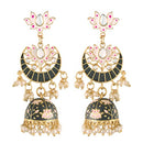 Etnico 18K Gold Plated Traditional Floral Kundan Studded Black Meenakari Jhumka Earrings For Women (E2912B)