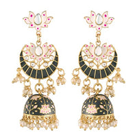 Etnico 18K Gold Plated Traditional Floral Kundan Studded Black Meenakari Jhumka Earrings For Women (E2912B)