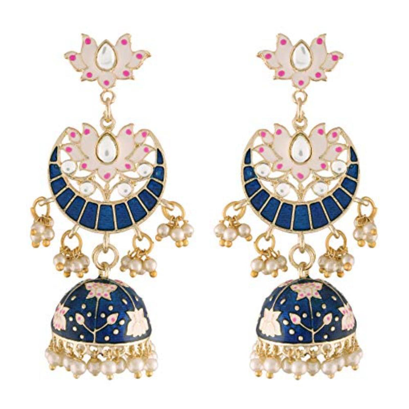 Etnico 18K Gold Plated Traditional Floral Kundan Studded Blue Meenakari Jhumka Earrings For Women (E2912Bl)