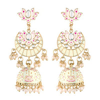 Etnico 18K Gold Plated Traditional Floral Kundan Studded Cream Meenakari Jhumka Earrings For Women (E2912Cr)