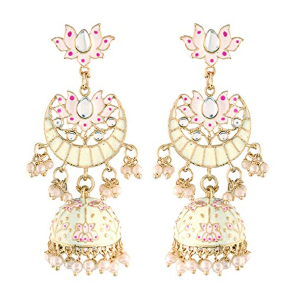 Etnico 18K Gold Plated Traditional Floral Kundan Studded Cream Meenakari Jhumka Earrings For Women (E2912Cr)