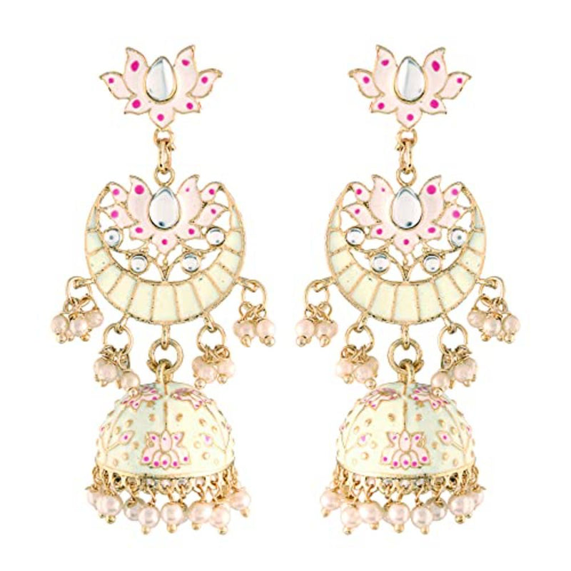 Etnico 18K Gold Plated Traditional Floral Kundan Studded Cream Meenakari Jhumka Earrings For Women (E2912Cr)