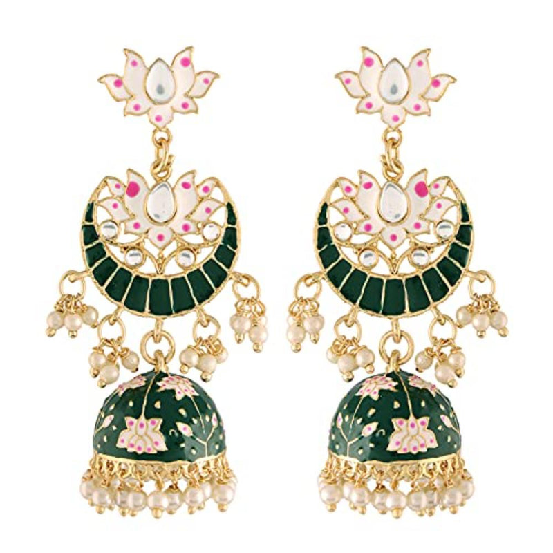 Etnico 18K Gold Plated Traditional Floral Kundan Studded Green Meenakari Jhumka Earrings For Women (E2912G)