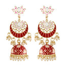 Etnico 18K Gold Plated Traditional Floral Kundan Studded Red Meenakari Jhumka Earrings For Women (E2912R)