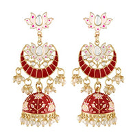 Etnico 18K Gold Plated Traditional Floral Kundan Studded Red Meenakari Jhumka Earrings For Women (E2912R)