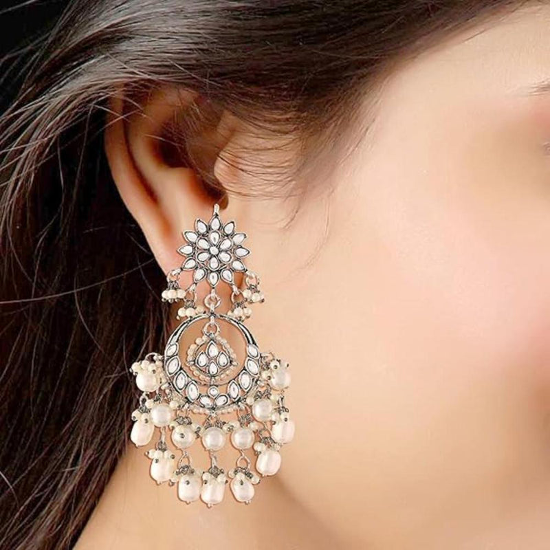 Etnico Silver Oxidised Traditional Kundan & Pearl Chandbali Earrings for Women (E2916OX)