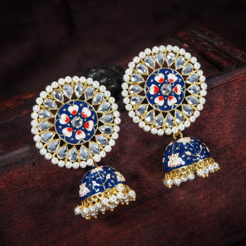 Etnico Gold Plated Traditional Meenakari Kundan & Pearl Jhumka Earring for Women (E2917Bl)