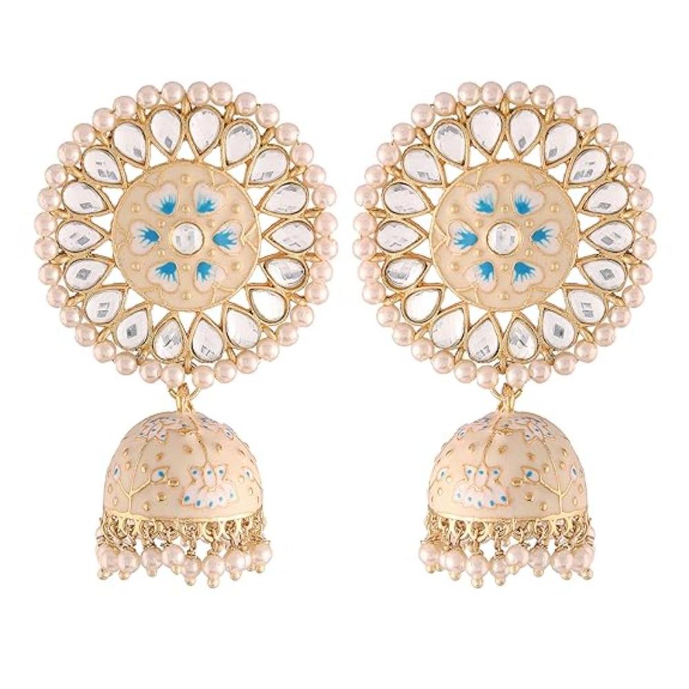 Etnico Gold Plated Traditional Meenakari Kundan & Pearl Jhumka Earring for Women (E2917CBL)