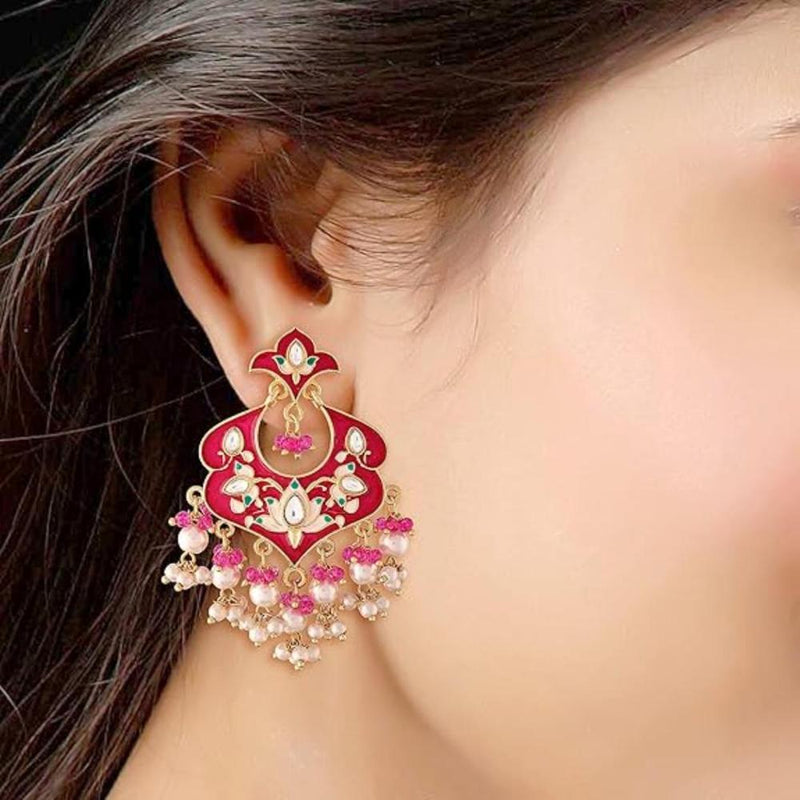 Etnico Gold Plated Meenakari Kundan & Pearl Drop Chandbali Earrings For Women (E2920Pi)