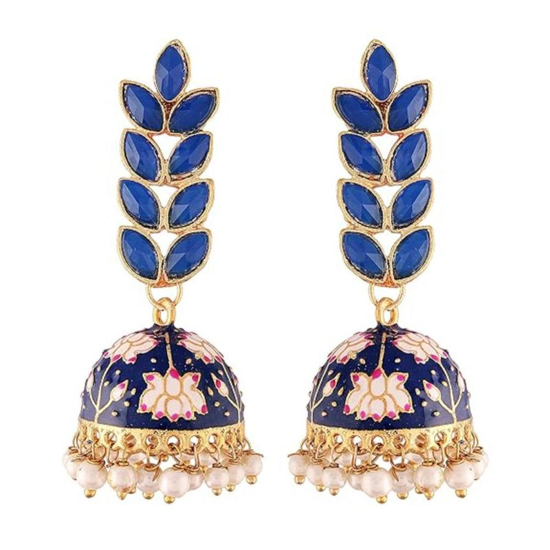 Etnico Gold Plated Meenakari Leaf Shaped Pearl Drop Jhumka Earrings For Women (E2922Bl)