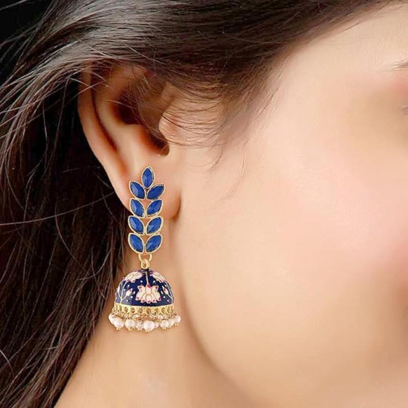 Etnico Gold Plated Meenakari Leaf Shaped Pearl Drop Jhumka Earrings For Women (E2922Bl)