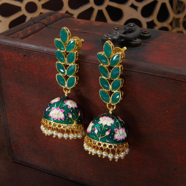 Etnico Gold Plated Meenakari Leaf Shaped Pearl Drop Jhumka Earrings For Women (E2922G)