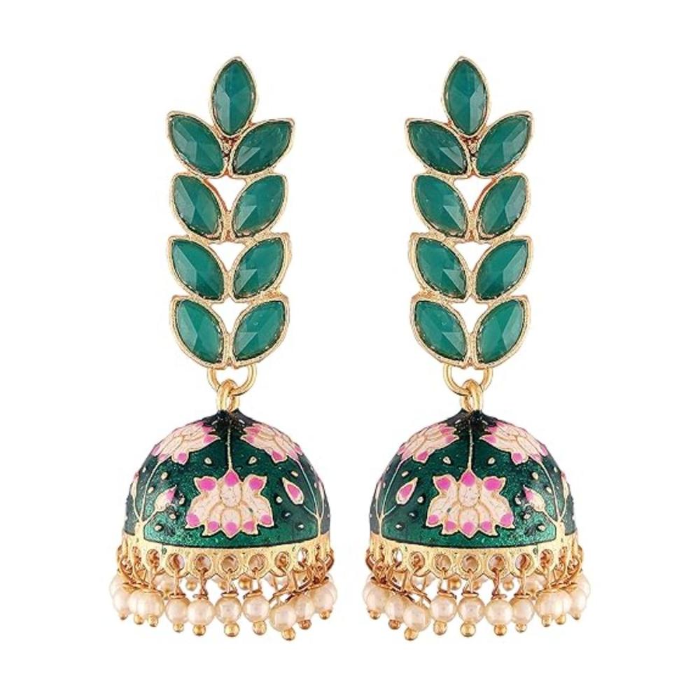 Etnico Gold Plated Meenakari Leaf Shaped Pearl Drop Jhumka Earrings For Women (E2922G)
