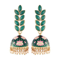 Etnico Gold Plated Meenakari Leaf Shaped Pearl Drop Jhumka Earrings For Women (E2922G)
