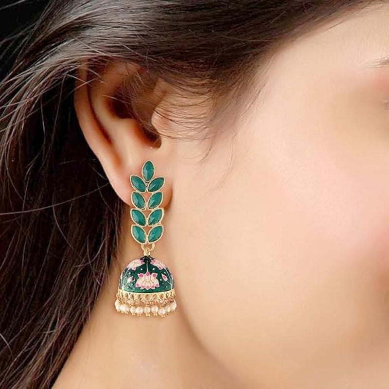 Etnico Gold Plated Meenakari Leaf Shaped Pearl Drop Jhumka Earrings For Women (E2922G)