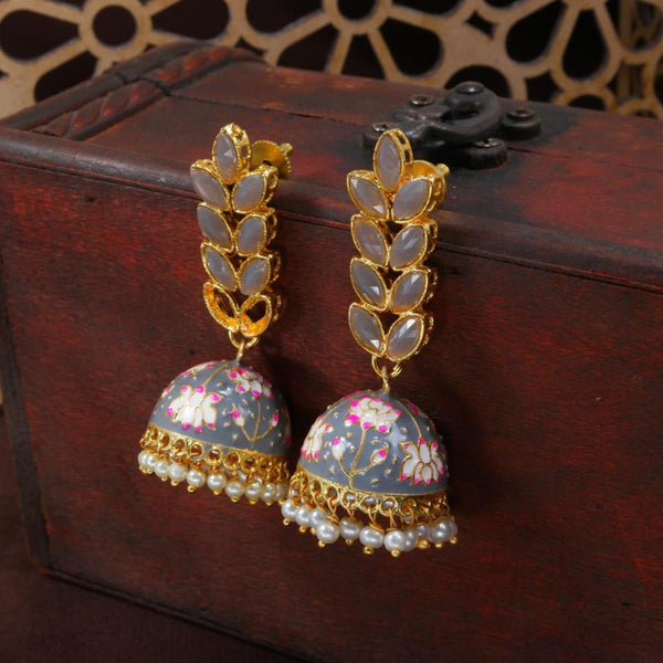 Etnico Gold Plated Meenakari Leaf Shaped Pearl Drop Jhumka Earrings For Women (E2922Gr)