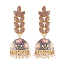 Etnico Gold Plated Meenakari Leaf Shaped Pearl Drop Jhumka Earrings For Women (E2922Gr)