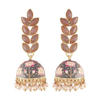 Etnico Gold Plated Meenakari Leaf Shaped Pearl Drop Jhumka Earrings For Women (E2922Gr)