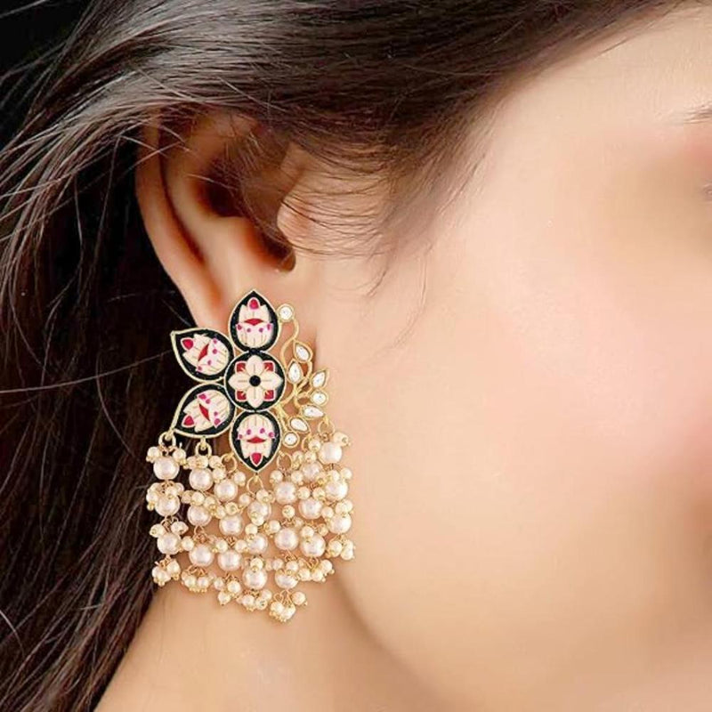 Etnico Gold Plated Meenakari Kundan & Pearl Drop Earrings For Women (E2923B)