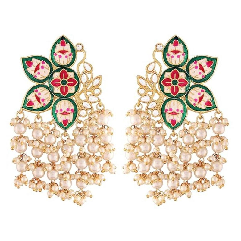 Etnico Gold Plated Meenakari Kundan & Pearl Drop Earrings For Women (E2923G)