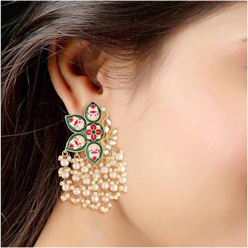 Etnico Gold Plated Meenakari Kundan & Pearl Drop Earrings For Women (E2923G)