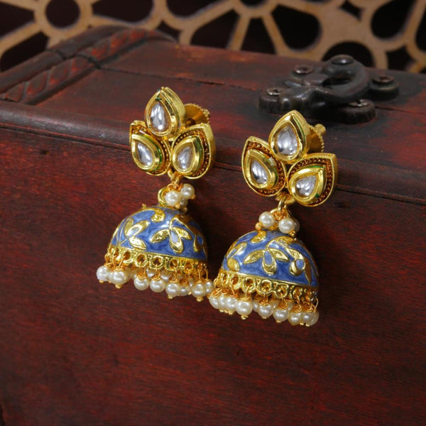 Etnico Gold Plated Meenakari Kundan & Pearl Drop Jhumka Earrings For Women (E2924Bl)