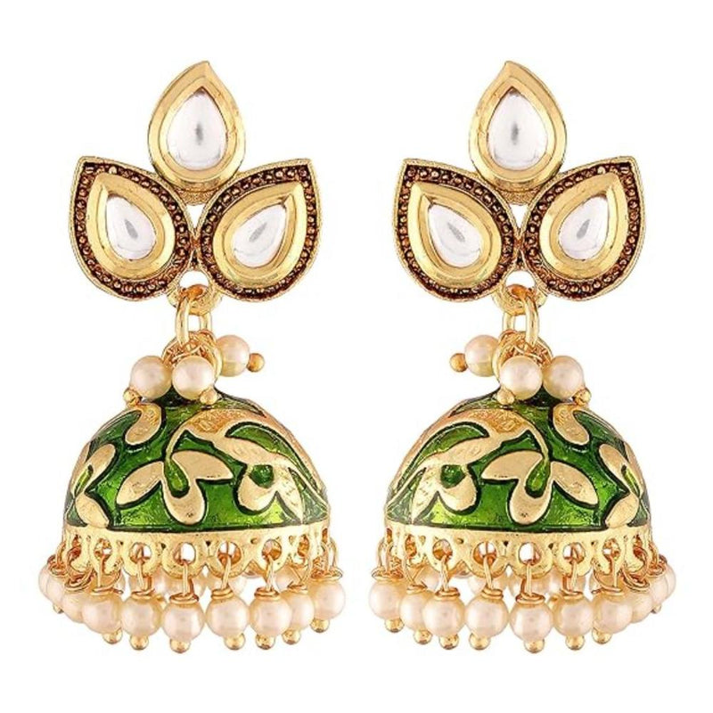 Etnico Gold Plated Meenakari Kundan & Pearl Drop Jhumka Earrings For Women (E2924G)