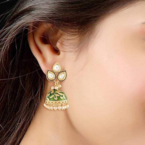 Etnico Gold Plated Meenakari Kundan & Pearl Drop Jhumka Earrings For Women (E2924G)