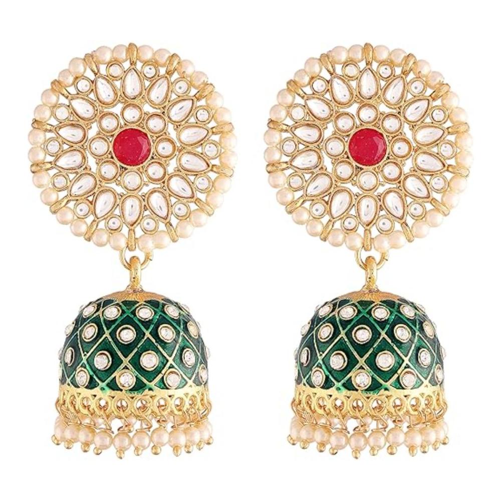 Etnico Gold Plated Meenakari Kundan & Pearl Drop Jhumka Earrings For Women (E2925Cr)