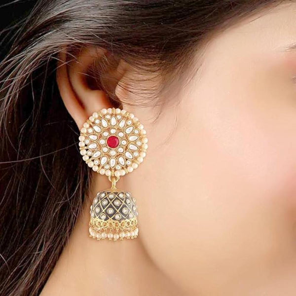 Etnico Gold Plated Meenakari Kundan & Pearl Drop Jhumka Earrings For Women (E2925Gr)