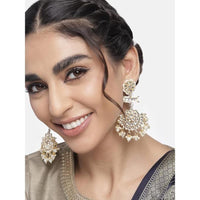 Etnico Gold Plated Kundan & Pearl Chandbali Earrings with Pear Earchain For Women (E2927W))