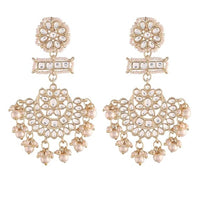 Etnico Gold Plated Kundan & Pearl Chandbali Earrings with Pear Earchain For Women (E2927W))