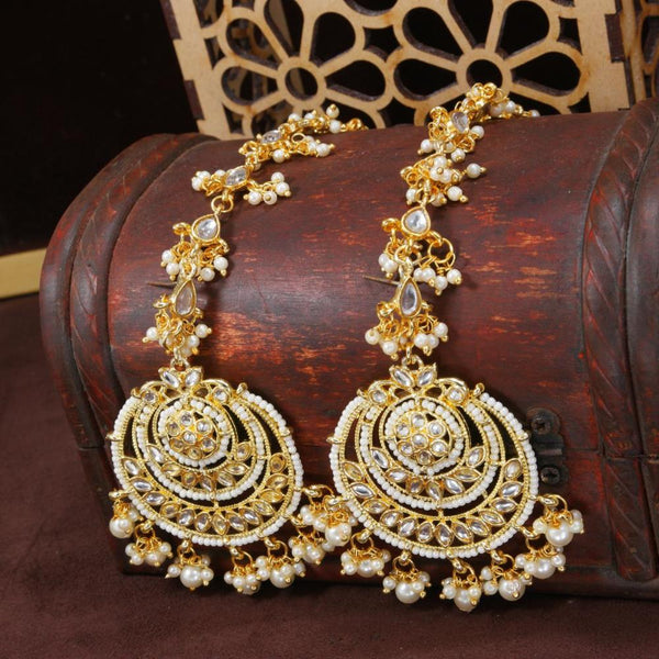 Etnico Gold Plated Kundan & Pearl Chandbali Earrings with Pear Earchain For Women (E2928W)