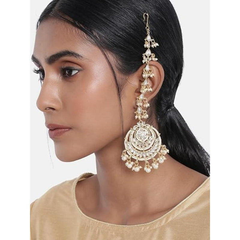 Etnico Gold Plated Kundan & Pearl Chandbali Earrings with Pear Earchain For Women (E2928W)