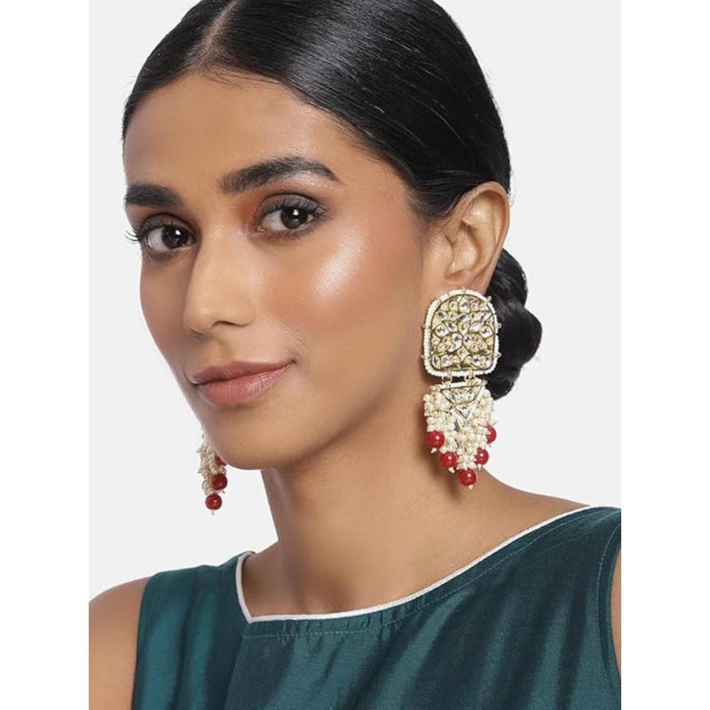 Etnico Gold Plated Kundan & Pearl Drop Dangle Earrings for Women (E2944M)