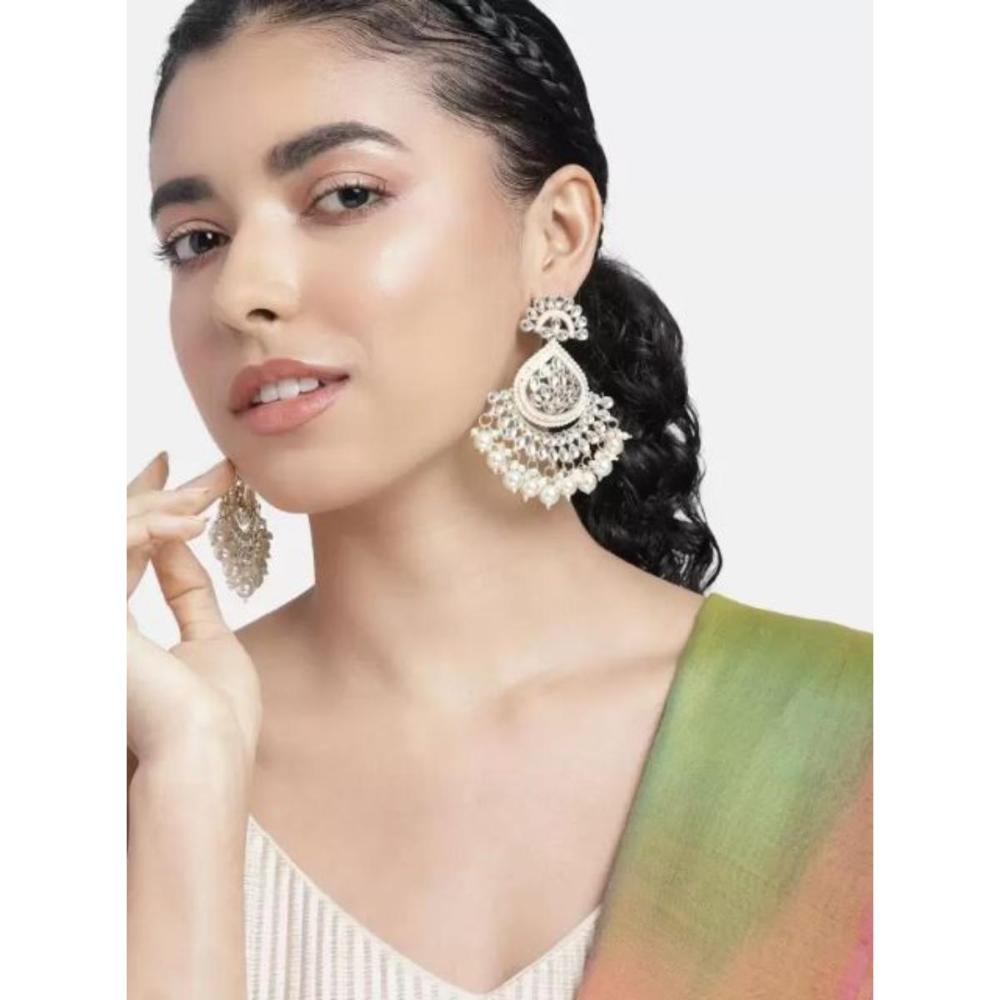 Etnico Gold Plated Traditional Handcrafted Kundan Earrings Adorned with Pearls for Women and Girls (E3015) (White)