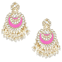 Etnico Gold Plated Intricately Designed Traditional Meenakari Chandbali Earrings Glided With Kundans & Pearls (E306Pi)