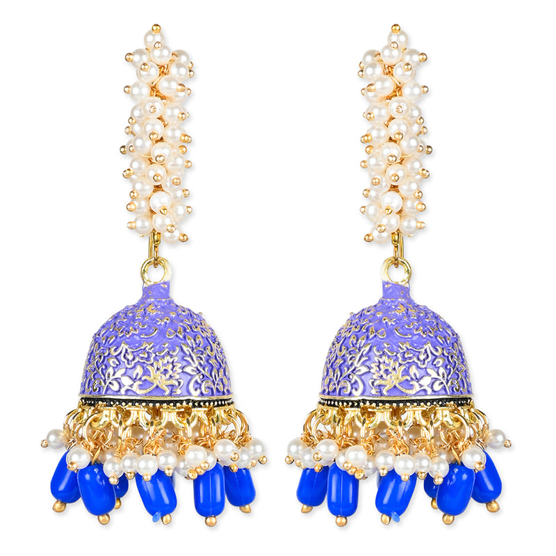 Etnico Gold Plated Traditional Meenakari Handcrafted Blue Pearl Jhumki Earrings for Women/Girls(E3072Bl)