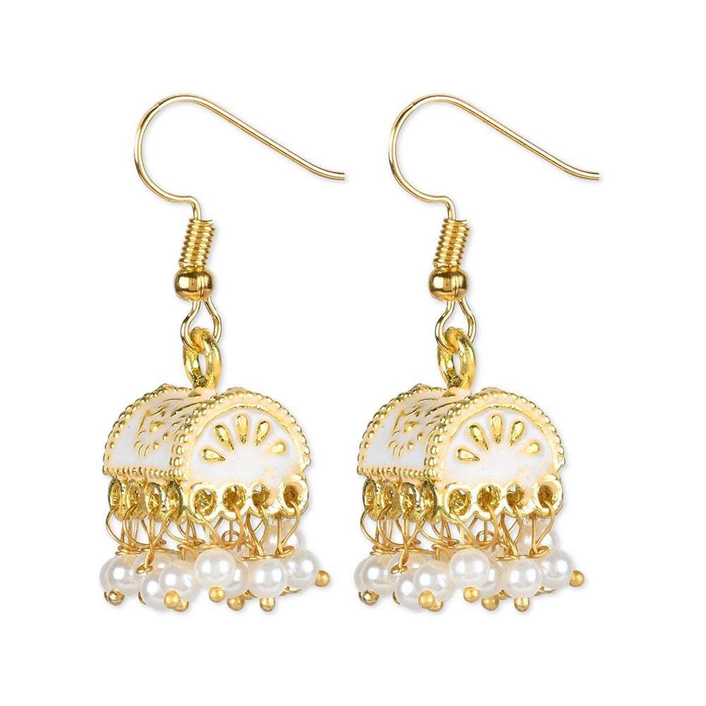 Etnico Gold Plated Traditional Meenakari Handcrafted White Pearl Jhumki Earrings for Women/Girls(E3074W)