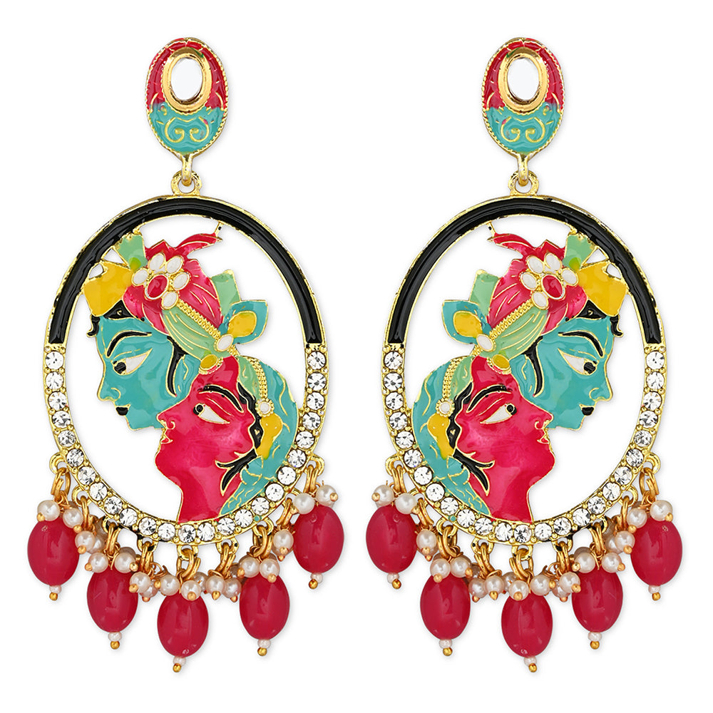 Etnico Gold Plated Traditional Meenakari Temple Radha Krishna Jhumka Earrings for Women and Girls (E3075Q)