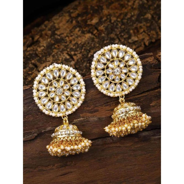 Etnico Traditional Gold Plated With Stunning Antique Finish Kundan & Pearl Jhumka Earrings for Women/Girls (E3091W)