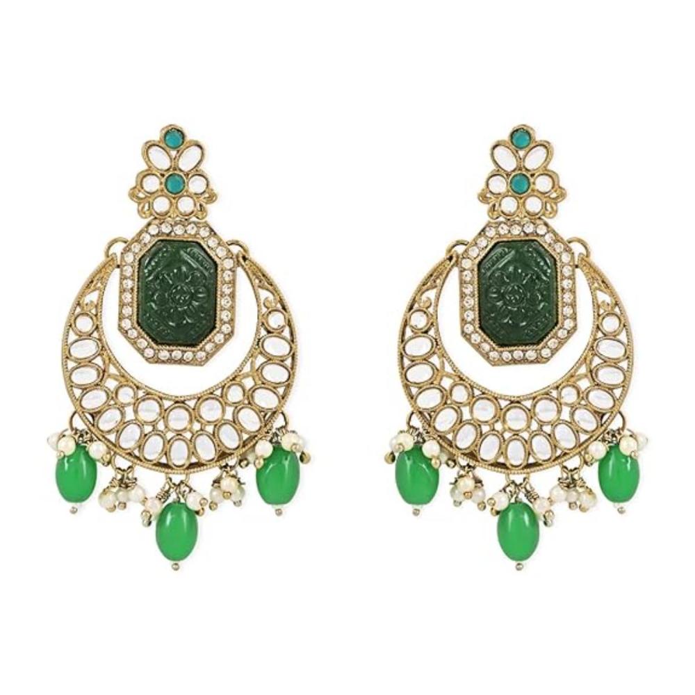 Etnico Gold Plated Traditional Kundan Pearl Stone Chandbali Earrings For Women/Girls (Green)