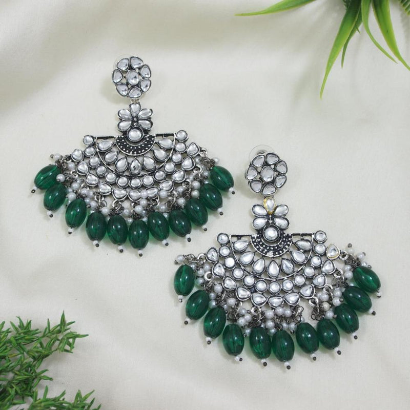 Etnico Silver Oxidised Kundan & Pearl Chandbali Earrings For Women (E3106ZG)