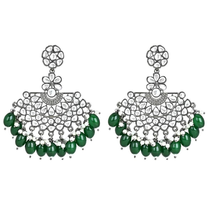 Etnico Silver Oxidised Kundan & Pearl Chandbali Earrings For Women (E3106ZG)