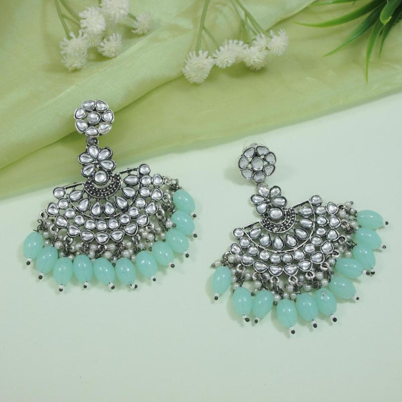 Etnico Silver Oxidised Kundan & Pearl Chandbali Earrings For Women (E3106ZMin)