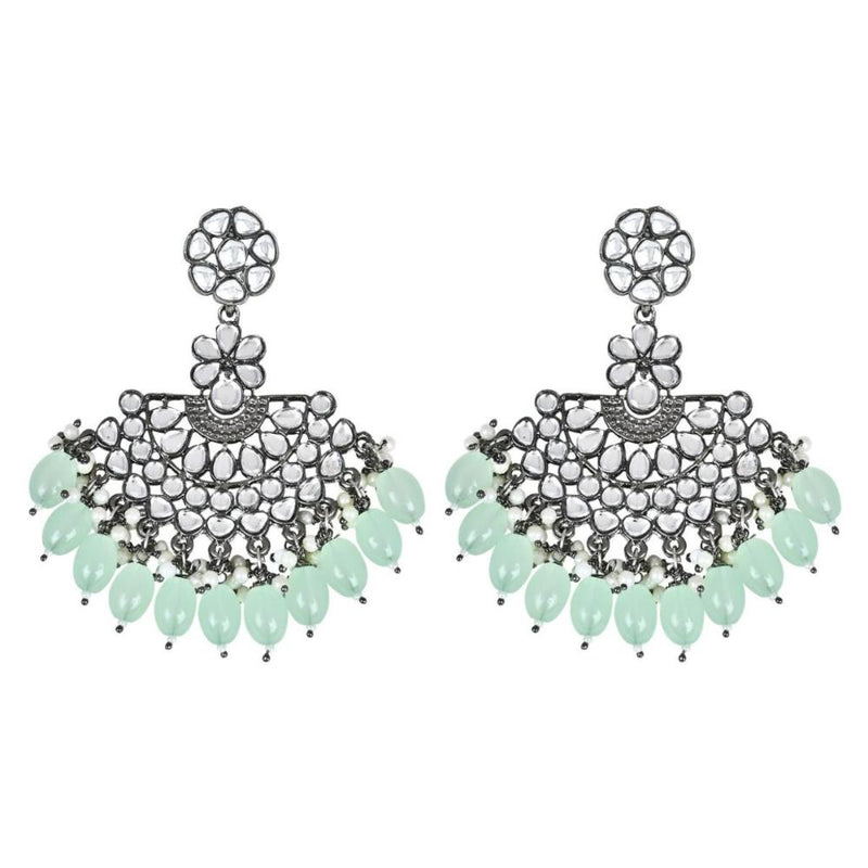 Etnico Silver Oxidised Kundan & Pearl Chandbali Earrings For Women (E3106ZMin)