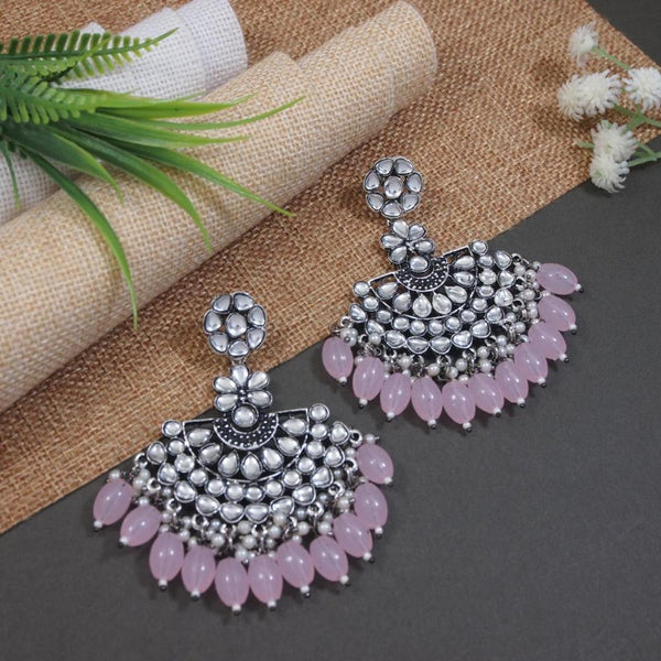 Etnico Silver Oxidised Kundan & Pearl Chandbali Earrings For Women (E3106ZPi)