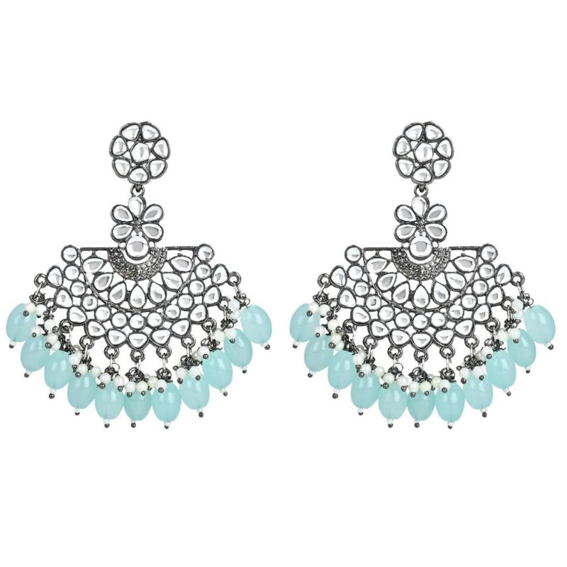 Etnico Silver Oxidised Kundan & Pearl Chandbali Earrings For Women (E3106ZSb)